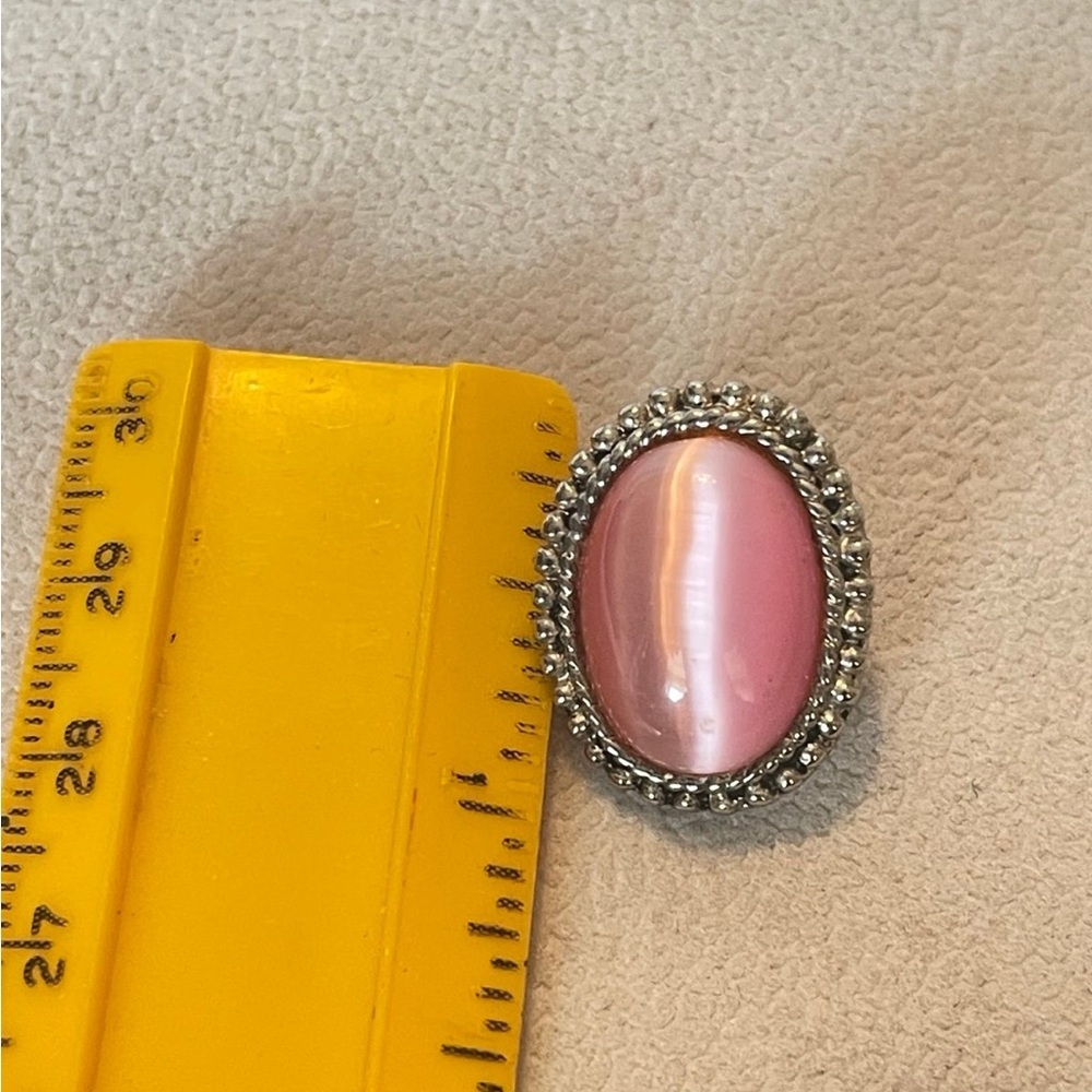 Vintage Pink Cats Eye Stud Earrings Silver Tone Oval Cabochon Retro Statement - Picture 4 of 5